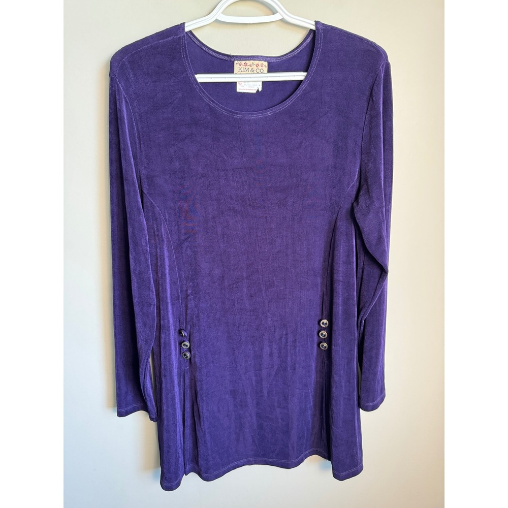 Kim & Co Womens Purple Tunic XL Vintage 90s Slinky Ribbed Side Button Slit Top